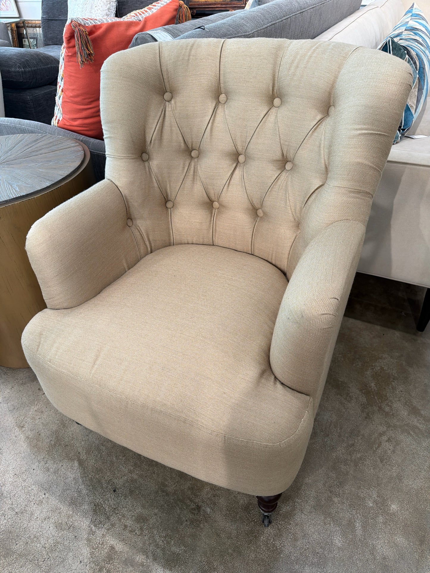 Beige Button Back w/ Front Casters Arm Chair