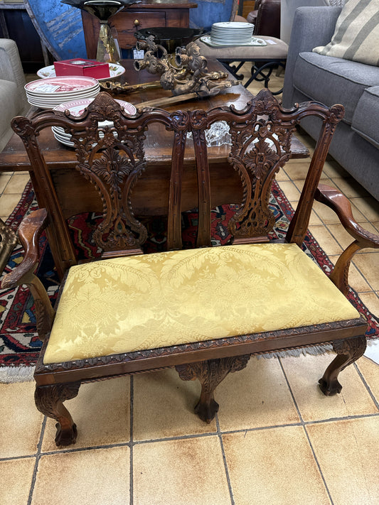 Antique Wood Chippendale Loveseat with Upholstered Seat