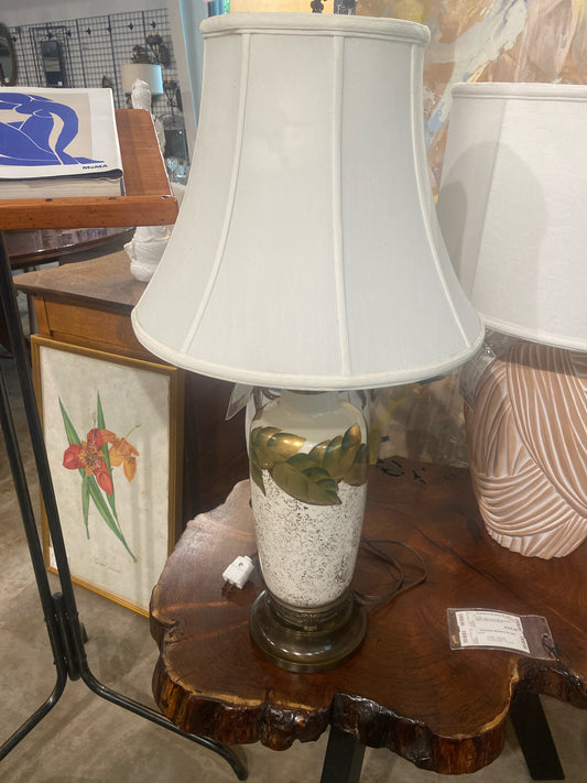 MCM Artist Botanical Porcelain Lamp w/ Ornate Brass Base