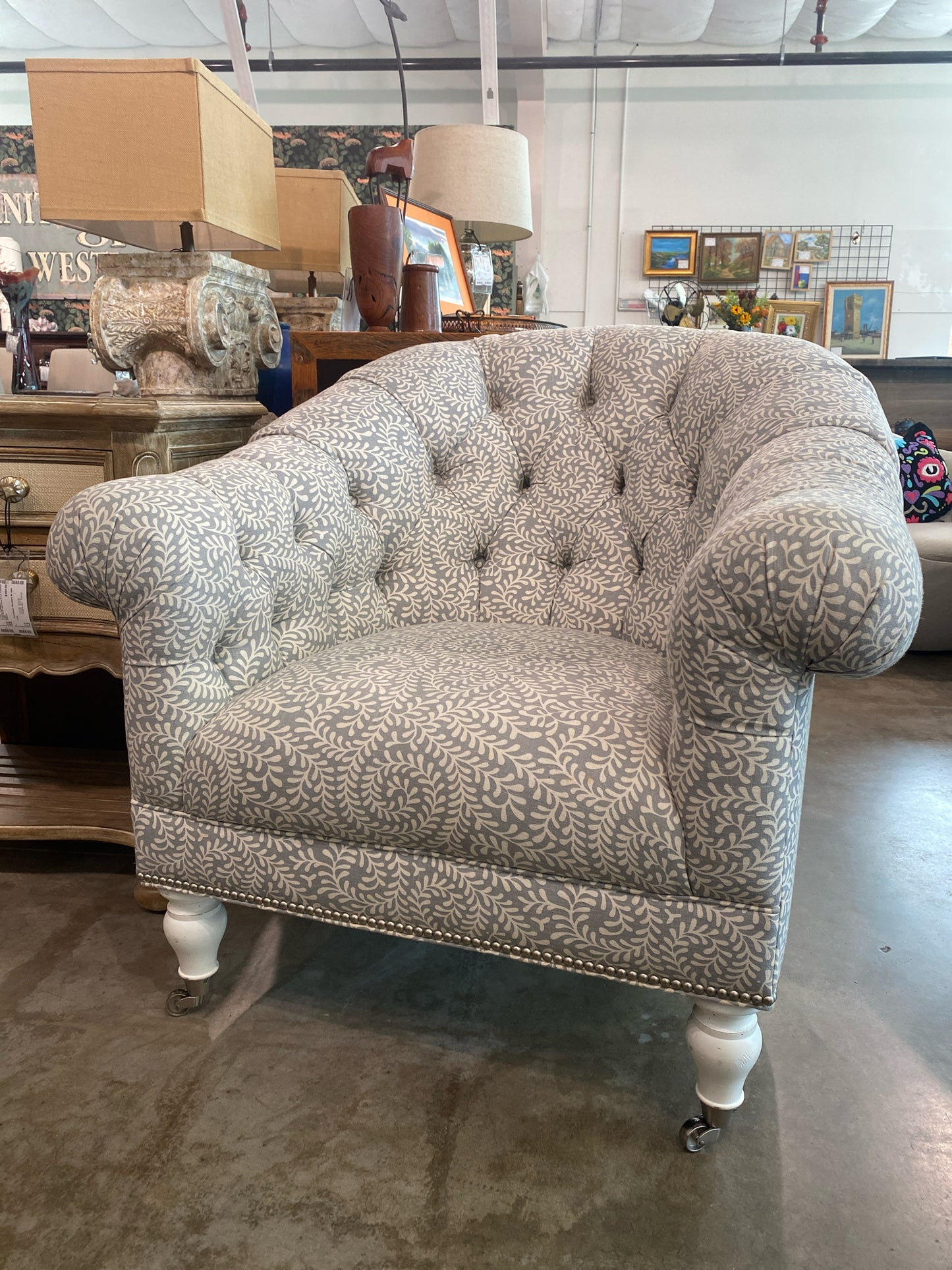 Gray Cream Lexington Mallory Tufted Armchair on Castors Nailhead Trim