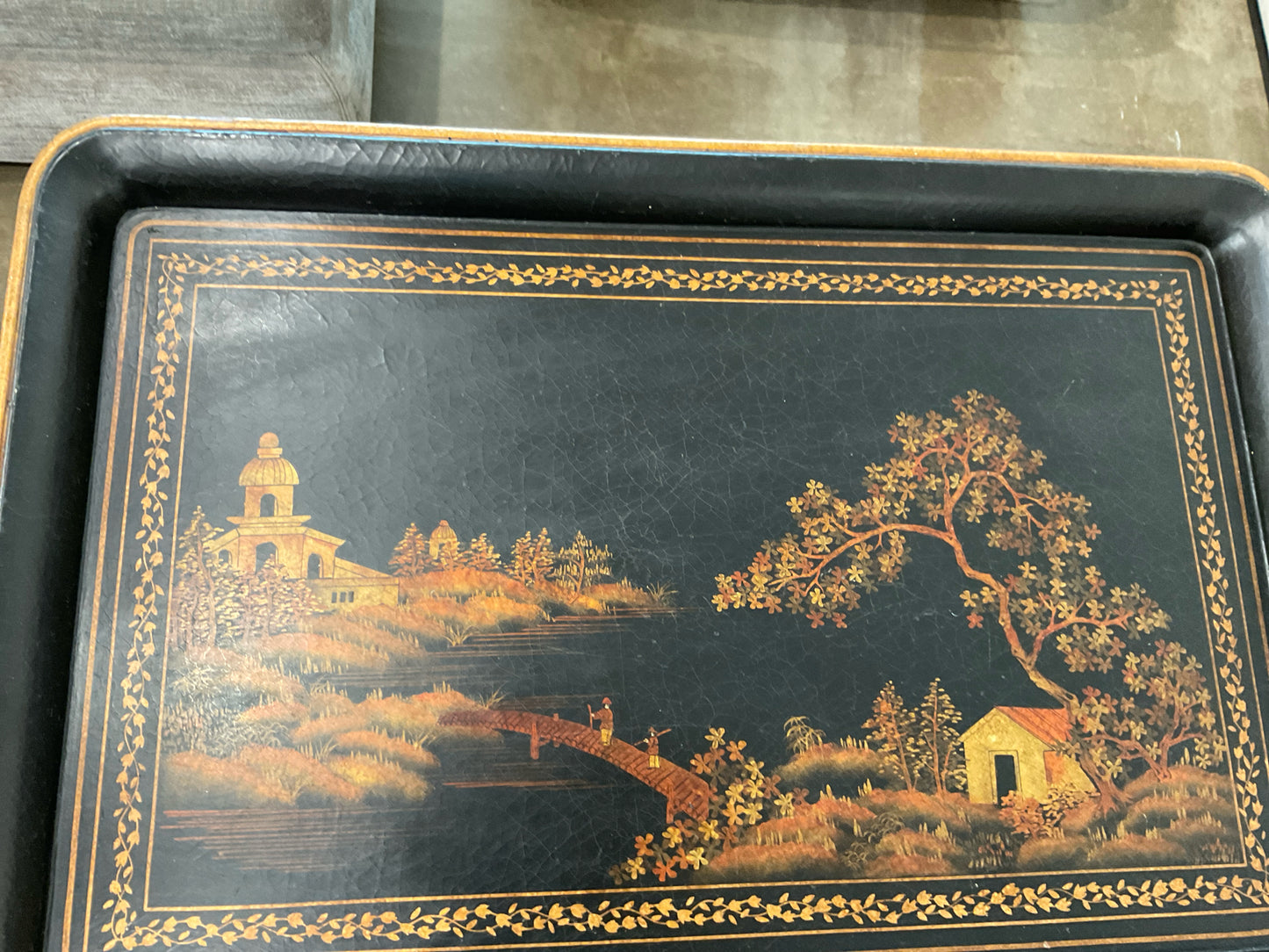 Chinoiserie Style Black and Gold Tray Coffee Table