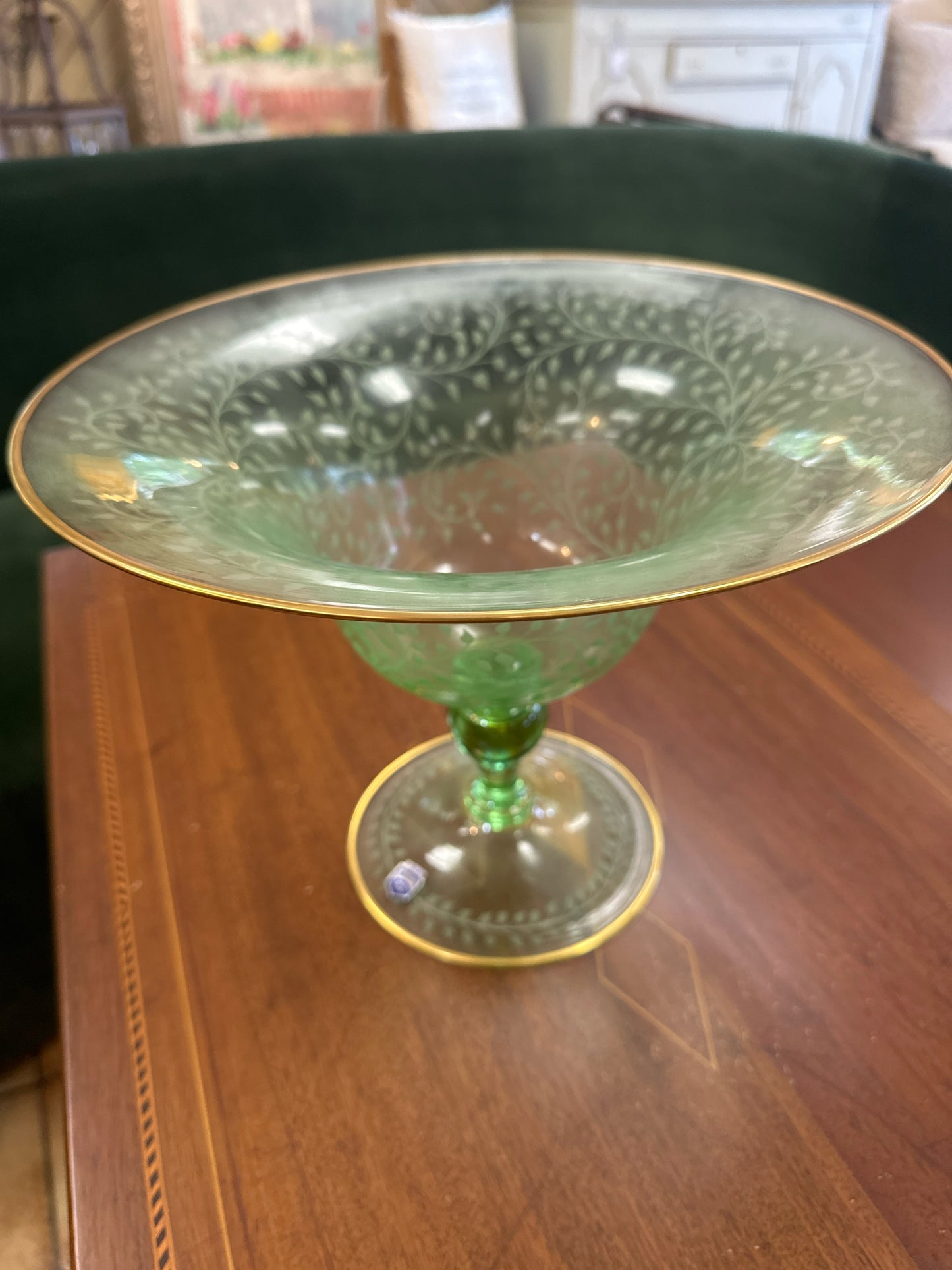 Bowl on Stand Murano Green Etched Glass w/ Gold Rim