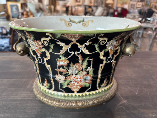 Nior Oval Hand Painted Ceramic Jardiniere with Brass Pomegranate Handles