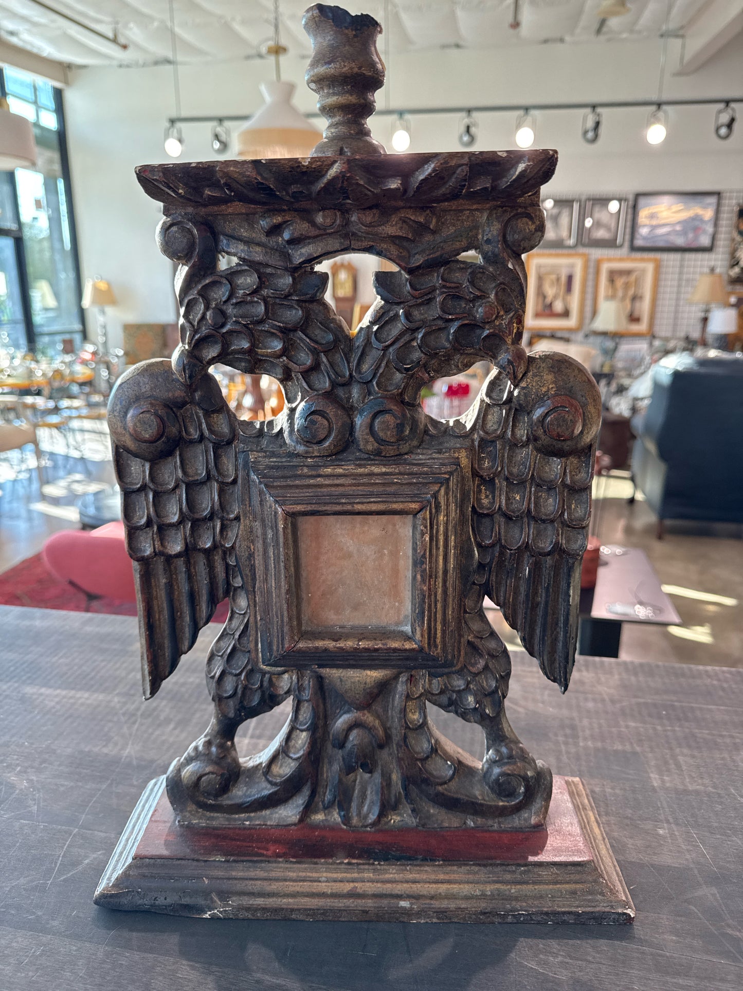 Antique Wood Carved Double Eagle Picture Frame & Candleholder