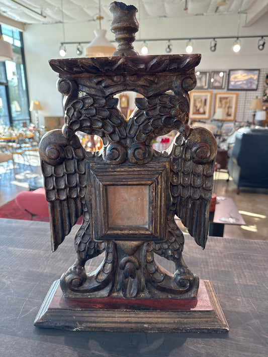 Antique Wood Carved Double Eagle Picture Frame & Candleholder