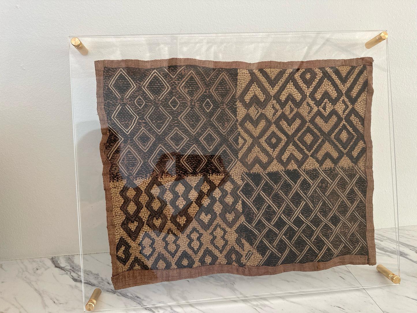 Kuba Cloth in Acrylic Frame- Browns/Tans-23 x 19