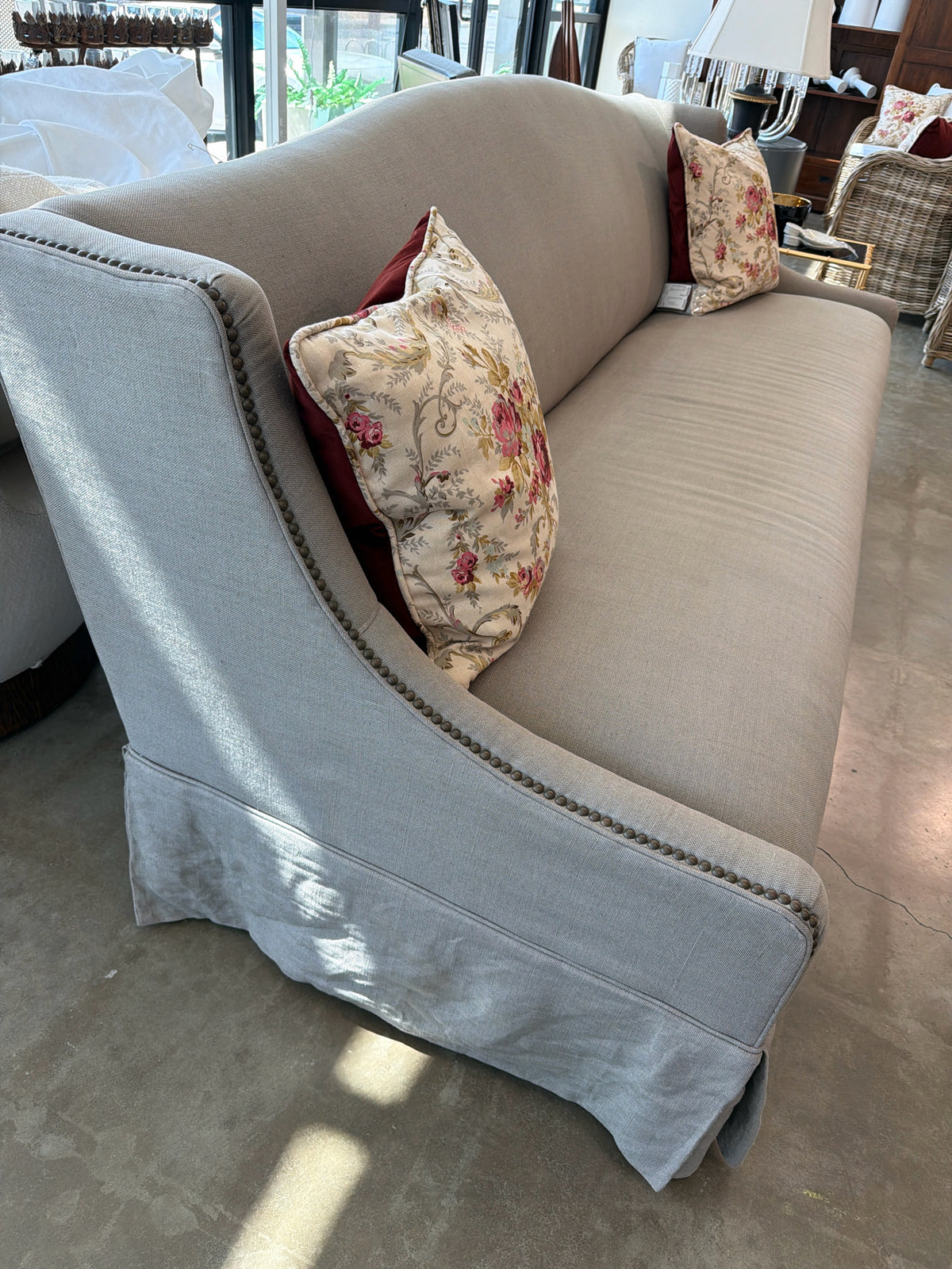 Mitchell Gold And Bob Williams Gray Linen Sofa With Nailhead Trim (Has Custom W