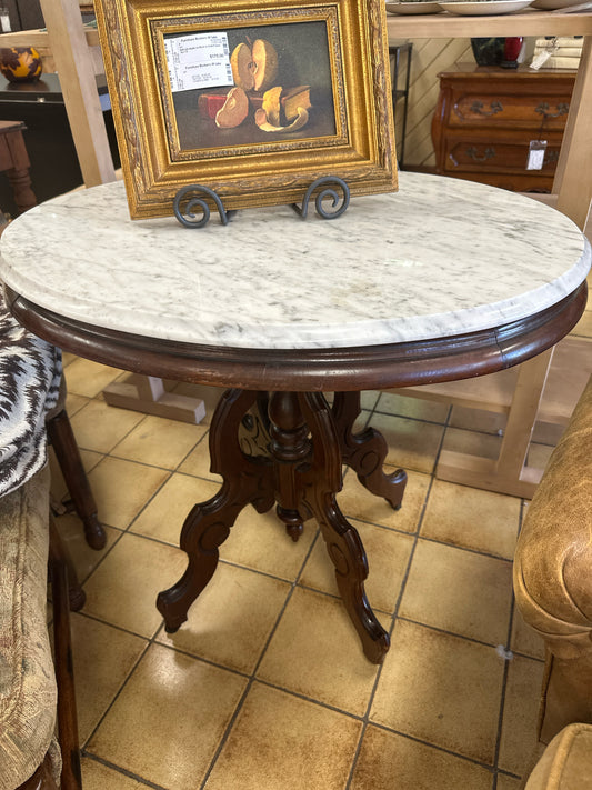 Oval Marble Top Table w/ Wood Carved Legs on Casters - Victorian