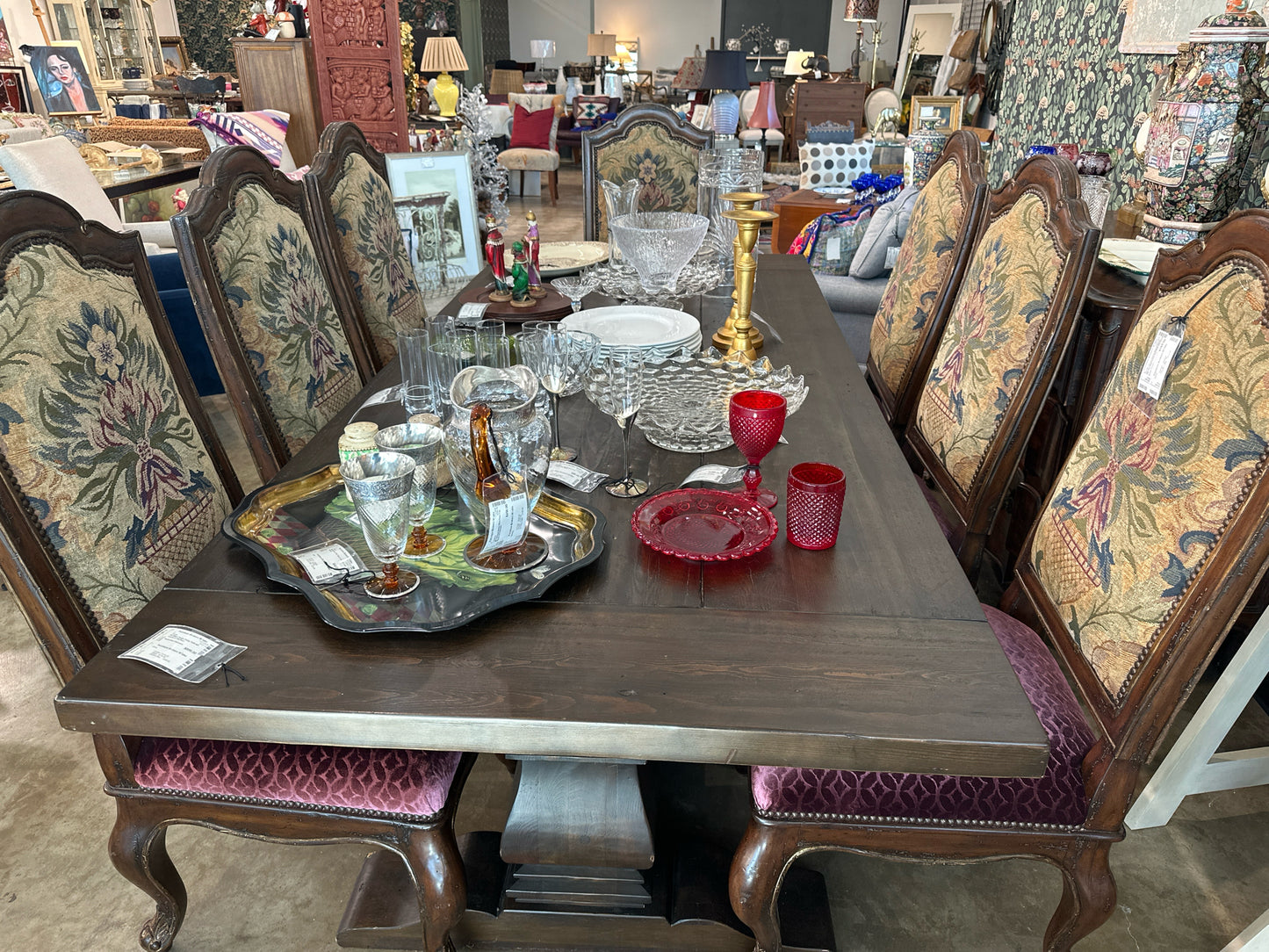 SET of 7 Marge Carson Dining Chairs with Tapestry Fabric and Plum Silk Seats