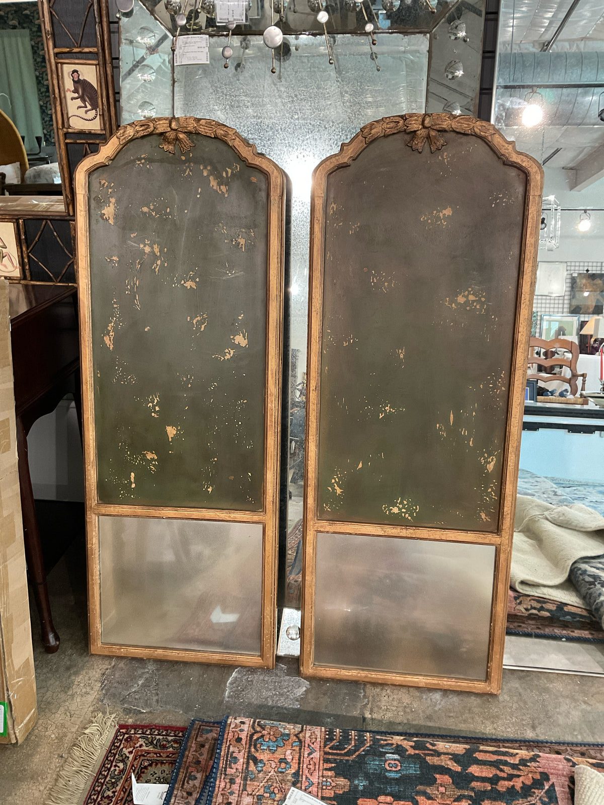 PAIR Antique Olive Green & Gilt Trumeau Panel/Mirror 19 x 52H