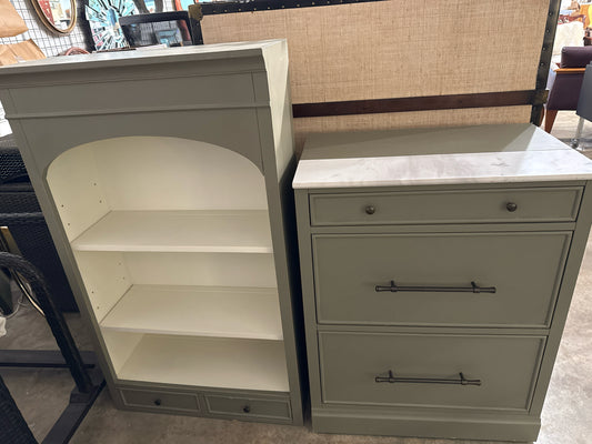 Ballard Designs Sage Green & Marble Bookcase w/ 2 Shelves & 5 Drawers