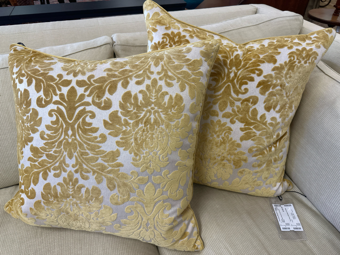 PAIR Yellow Damask Velvet Down Pillows