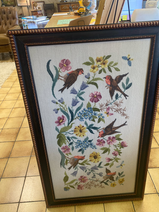Vintage Framed Needlepoint with Floral & Birds ( 45 L x 27W)