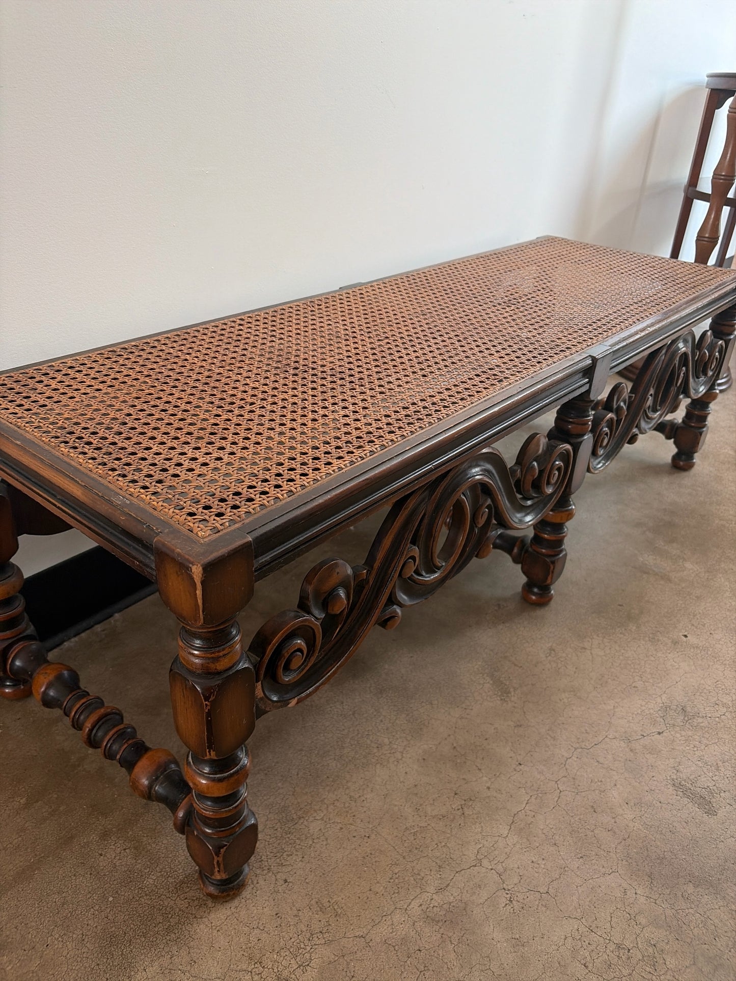 Vintage Spanish Colonial Revival Style Cane Bench w/Ornate Carvings