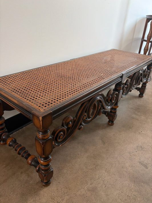 Vintage Spanish Colonial Revival Style Cane Bench w/Ornate Carvings