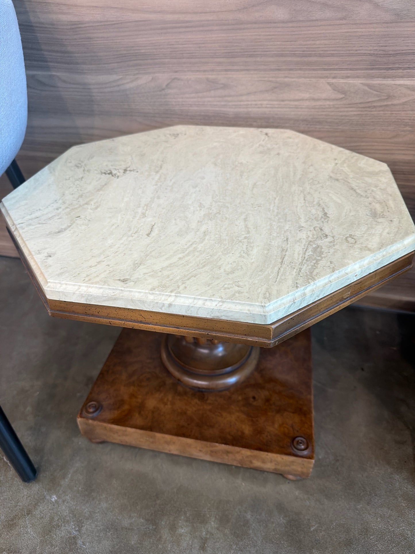 MCM Antique Marble Octagon Top Burl Wood Base