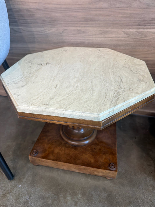 MCM Antique Marble Octagon Top Burl Wood Base
