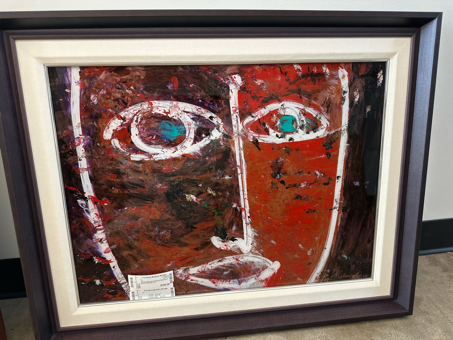 Painted Glass from Back of Woman in Black Frame 29 x 23