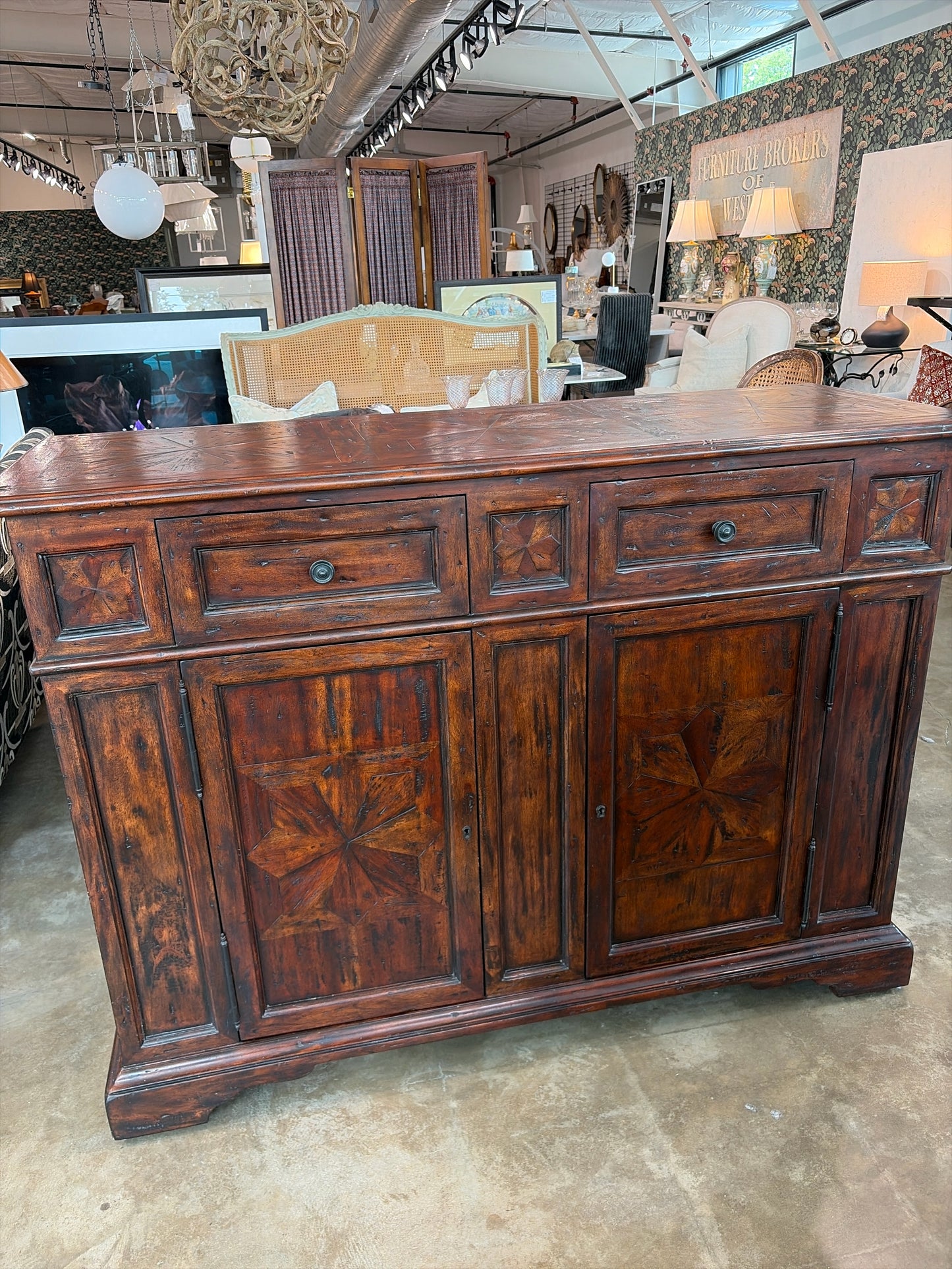 Theodore Alexander Antiqued Mahogany "Orlando" Cabinet w/Parquetry(2 keys/HW)