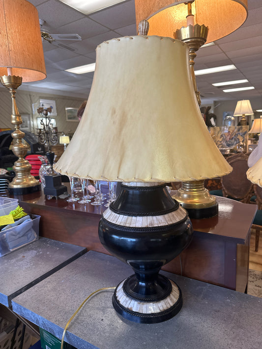 Large Black Lamp with Bone Veneer Trim and Rawhide Leather Shade (orig $1199)