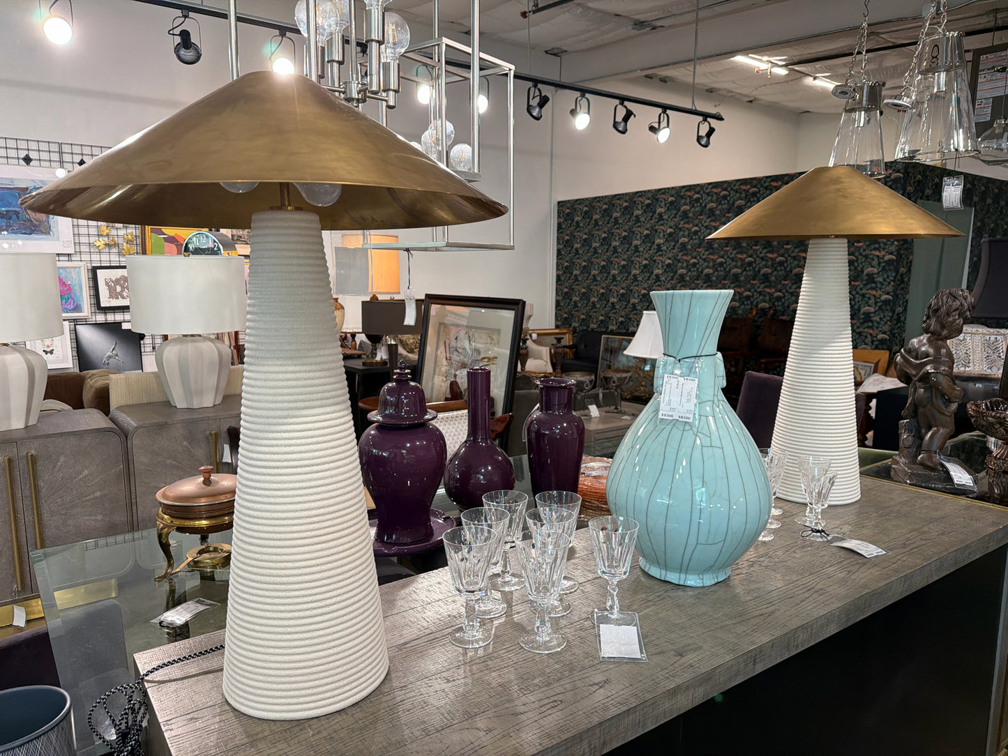 PAIR Visual Comfort Tall Tapered Base w/ Brass Tone Shades
