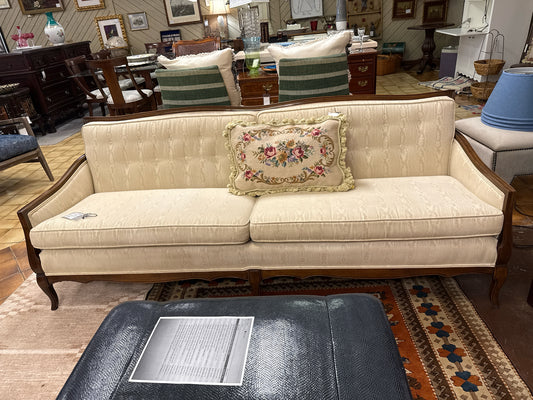 Vintage French Cream Silk Carved Wood Couch w/2 Cushions