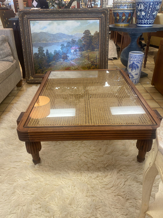 British Khaki by Robert Leighton Wood with Cane w/ Glass Top Coffee Table