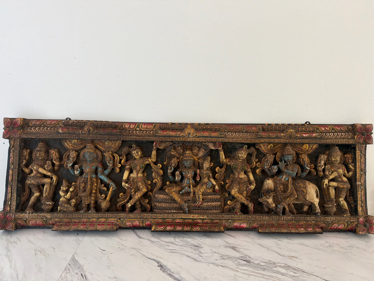 HinduRectangle Frame Painted/ Carved Figures in Dark Wood 48"x 15"