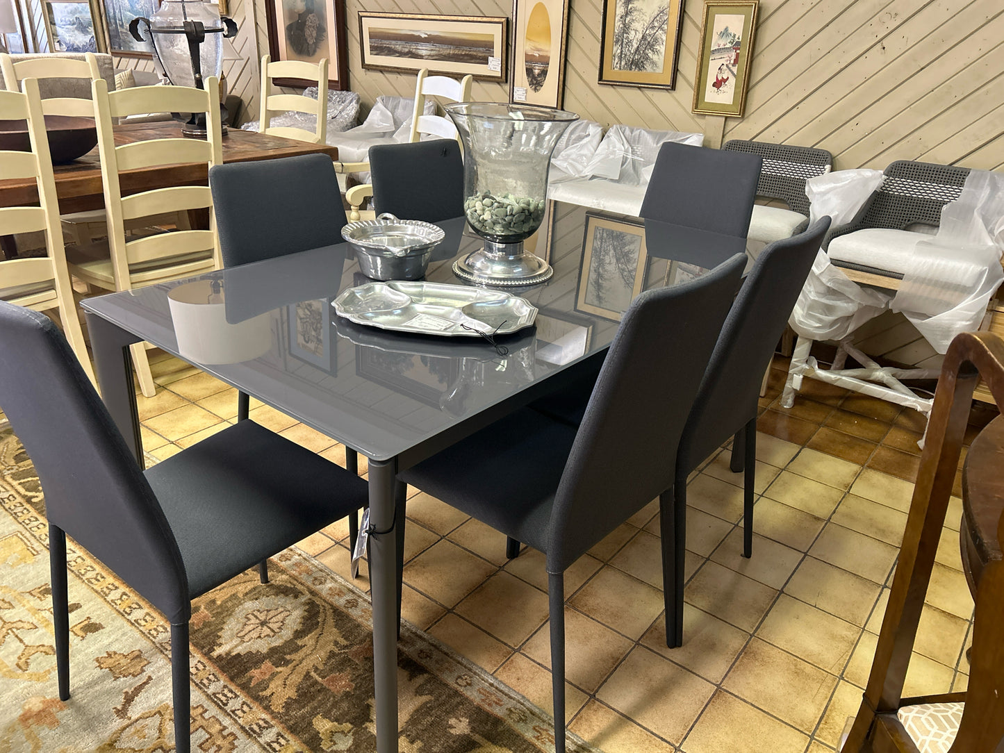 Dining Set - Modern Metal & Glass Extension Table w/ 6 Mesh Chairs