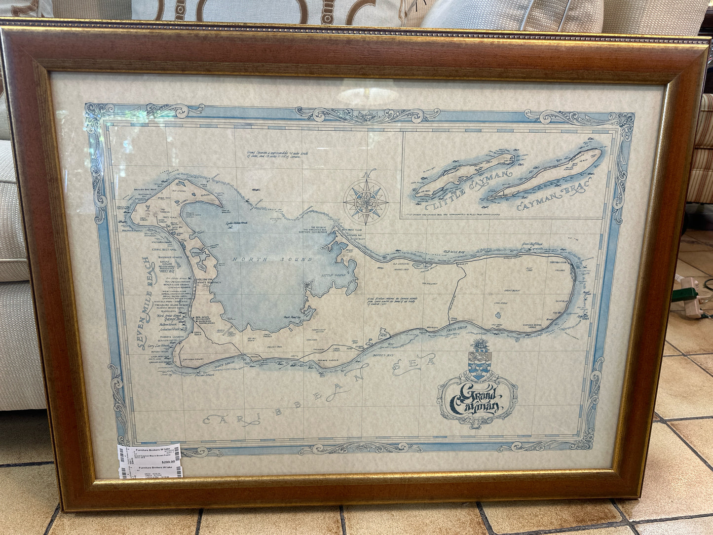 Grand Cayman Map in Brown Frame 33.5 x 25.5