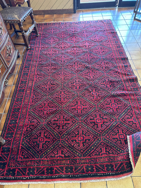 Antique 1950's Hand Knotted Afghan Baluchi Rust Red Tribal Rug (5x9')