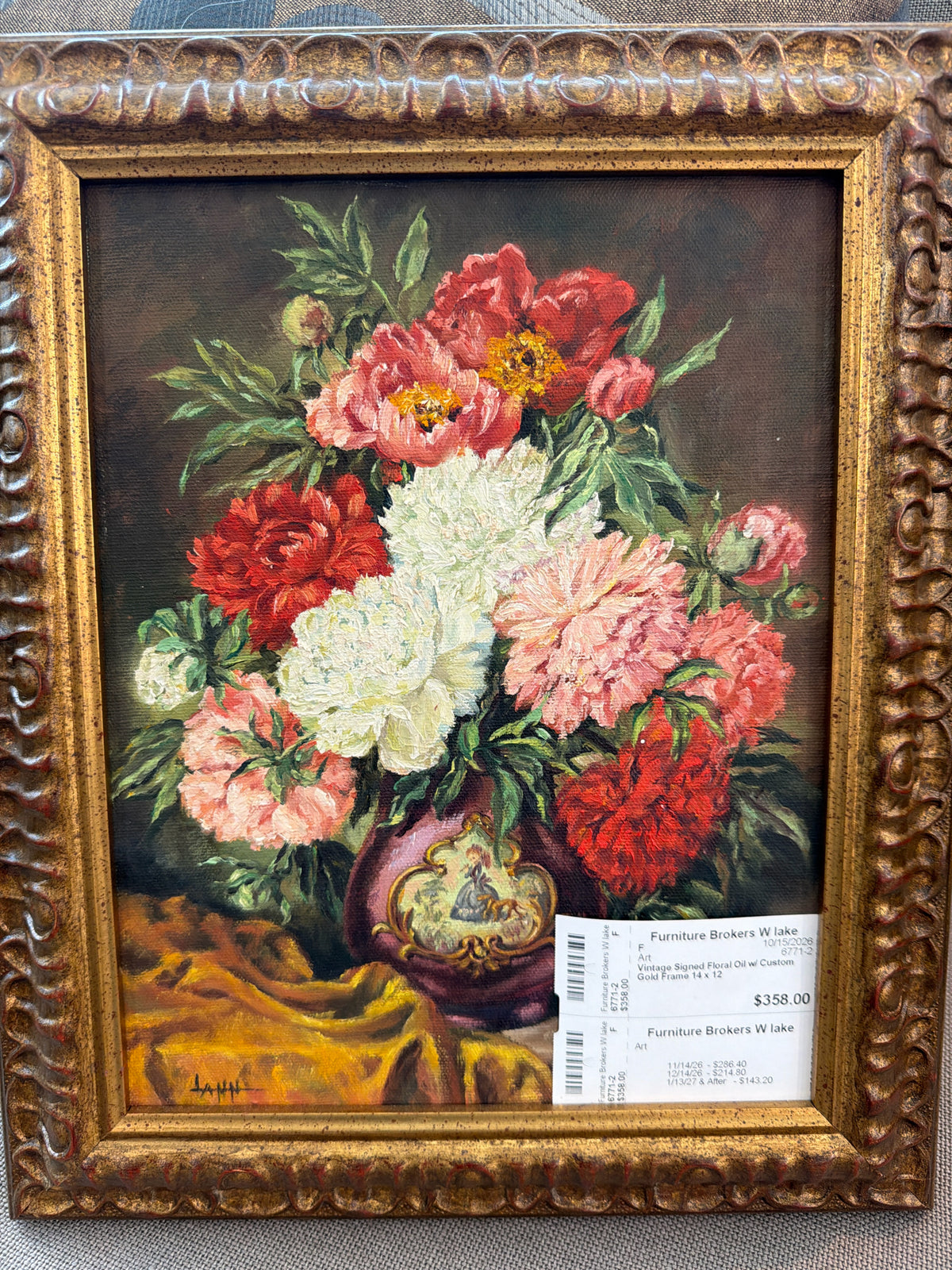 Vintage Signed Floral Oil w/ Custom Gold Frame 14 x 12