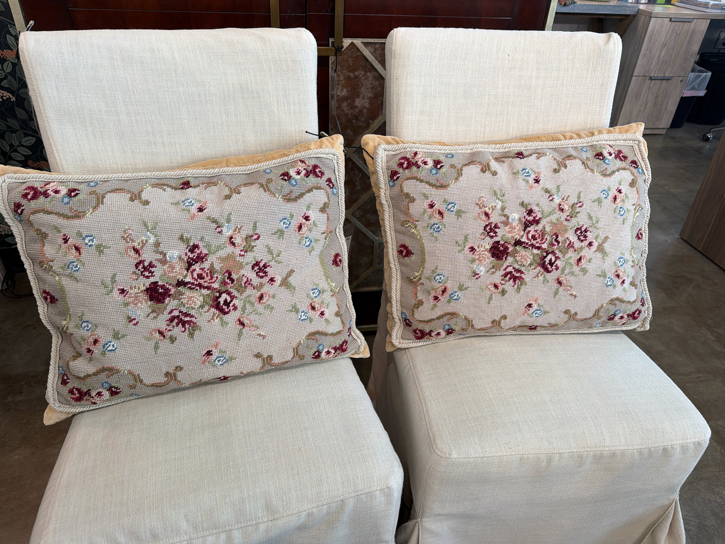 PAIR Rachel Ashwell Needlepoint Pillows w/ Velvet Backs