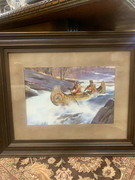 Native Americans in Canoe Oil Painting in Wood Frame