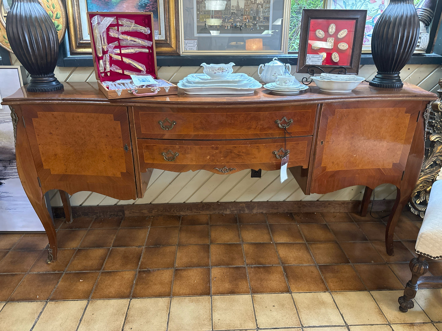 Antique Buffet w/ 2 Drawers- Bronze Detail &  Diamond Pattern In Lay Top