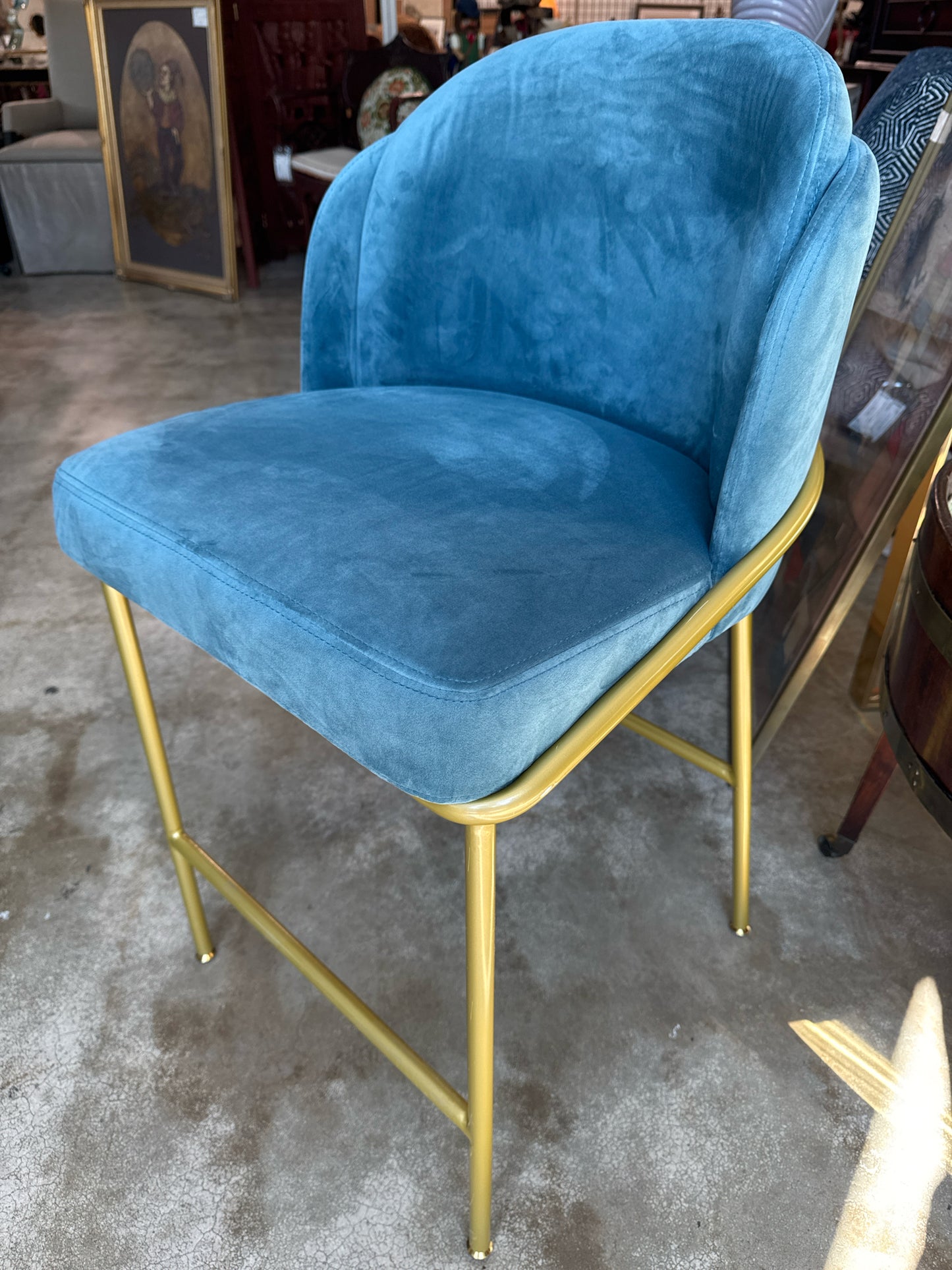 Rove Concepts Angelo Counter Stool in Blue Upholstery and Gold Base