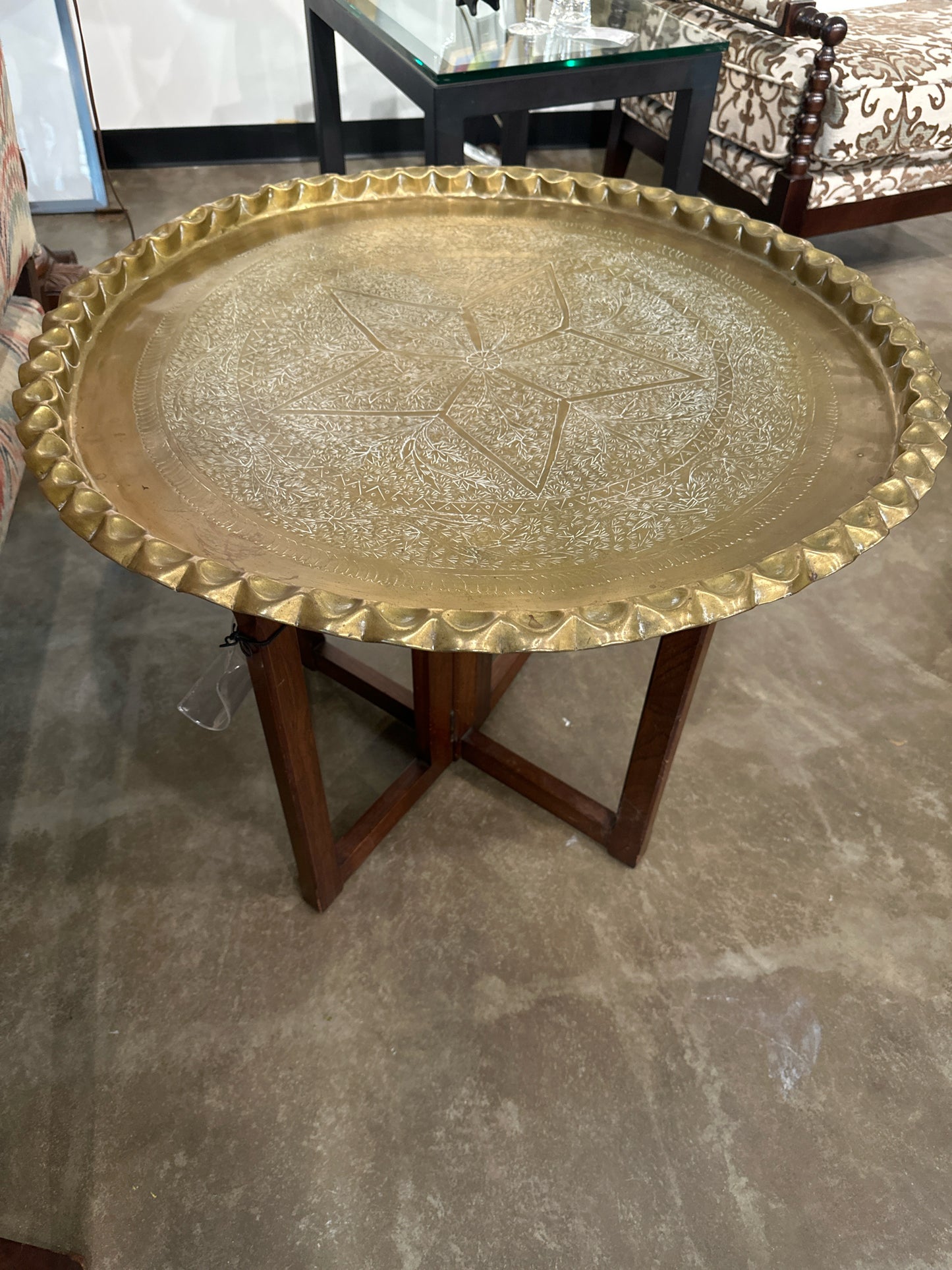 Brass Scallop Tray Table w/ Wood Base Star Detail