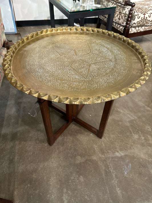 Brass Scallop Tray Table w/ Wood Base Star Detail