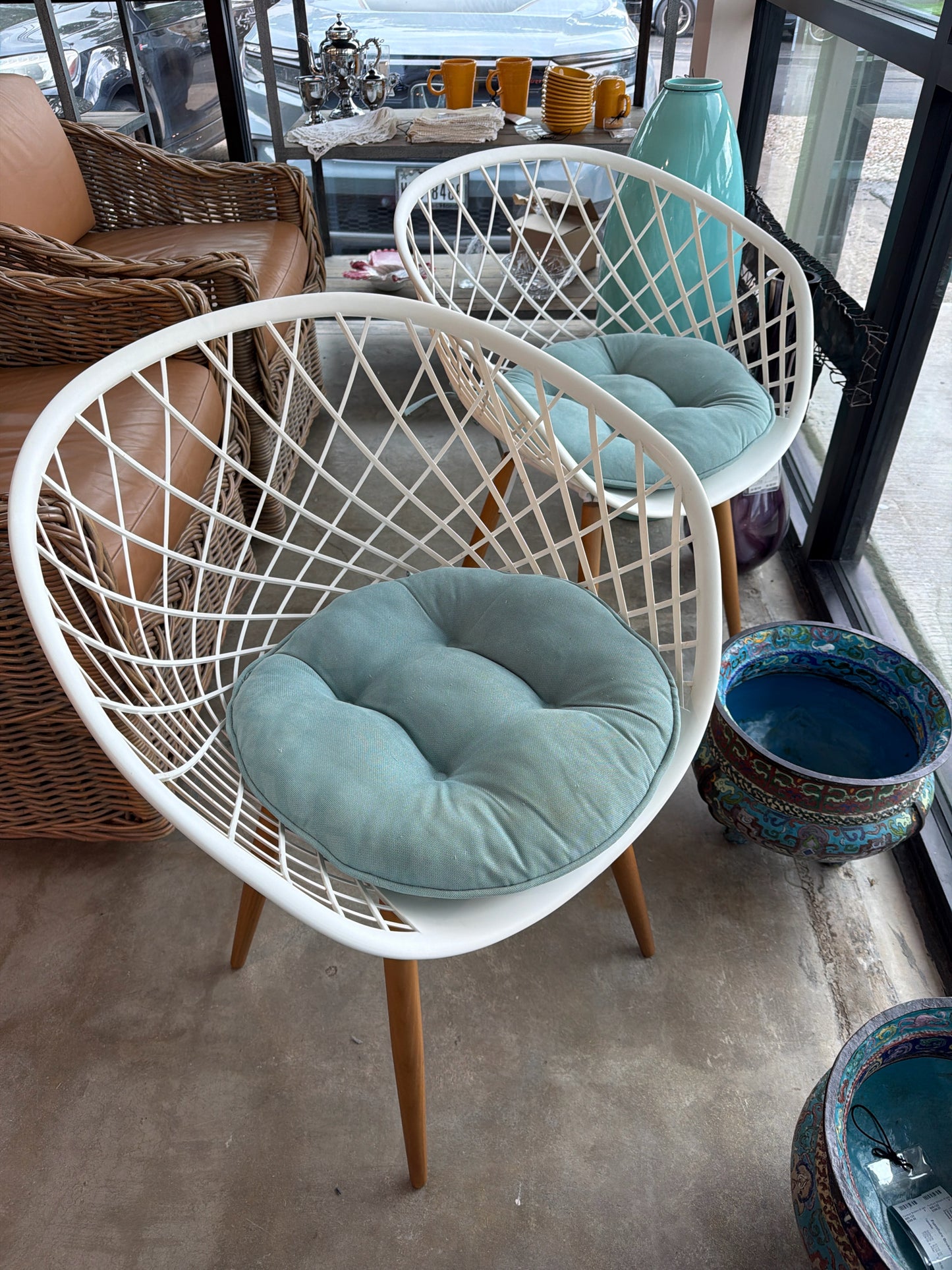 PAIR CB2 Sidera White Contemp./Wood Legs Chairs