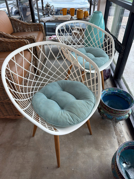 PAIR CB2 Sidera White Contemp./Wood Legs Chairs