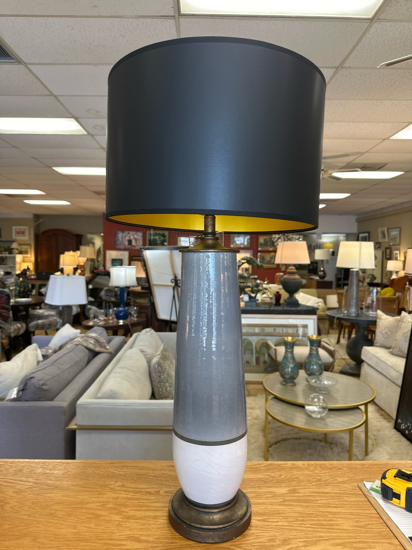 Currey & Co. Grey/White Lamp w/ Black Shade