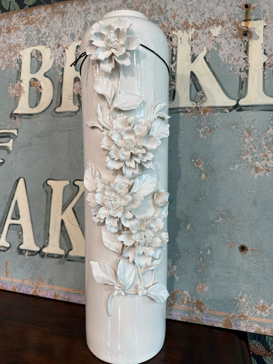 Floral Ceramic Relief Tall Cream Vase
