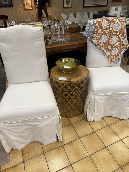 PAIR Linen Tufted & Custom White Slip Covered "Jacqueline" Parson Chairs