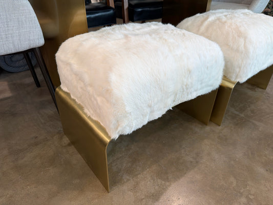 Goatskin/Rabbit Upholstered Brushed Gold Base Ottoman/Stool