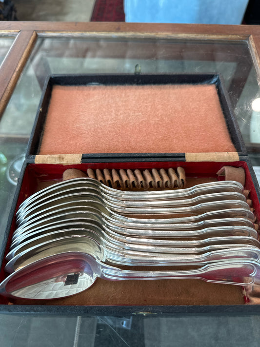 SET of 12 Christolphe Antique Silver Plated Spoons in Box