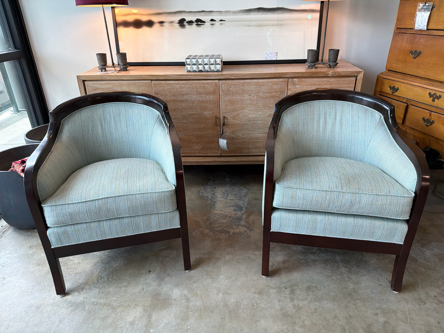 PAIR Dark Wood Arm Chairs w/ Turquoise Striped Upholstery