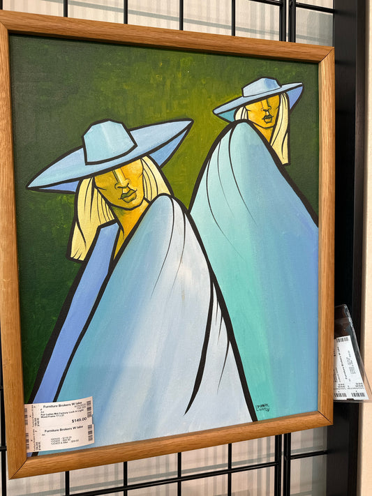 Pair Ladies Mid Century Look in Light Wood Frame 17 x 21
