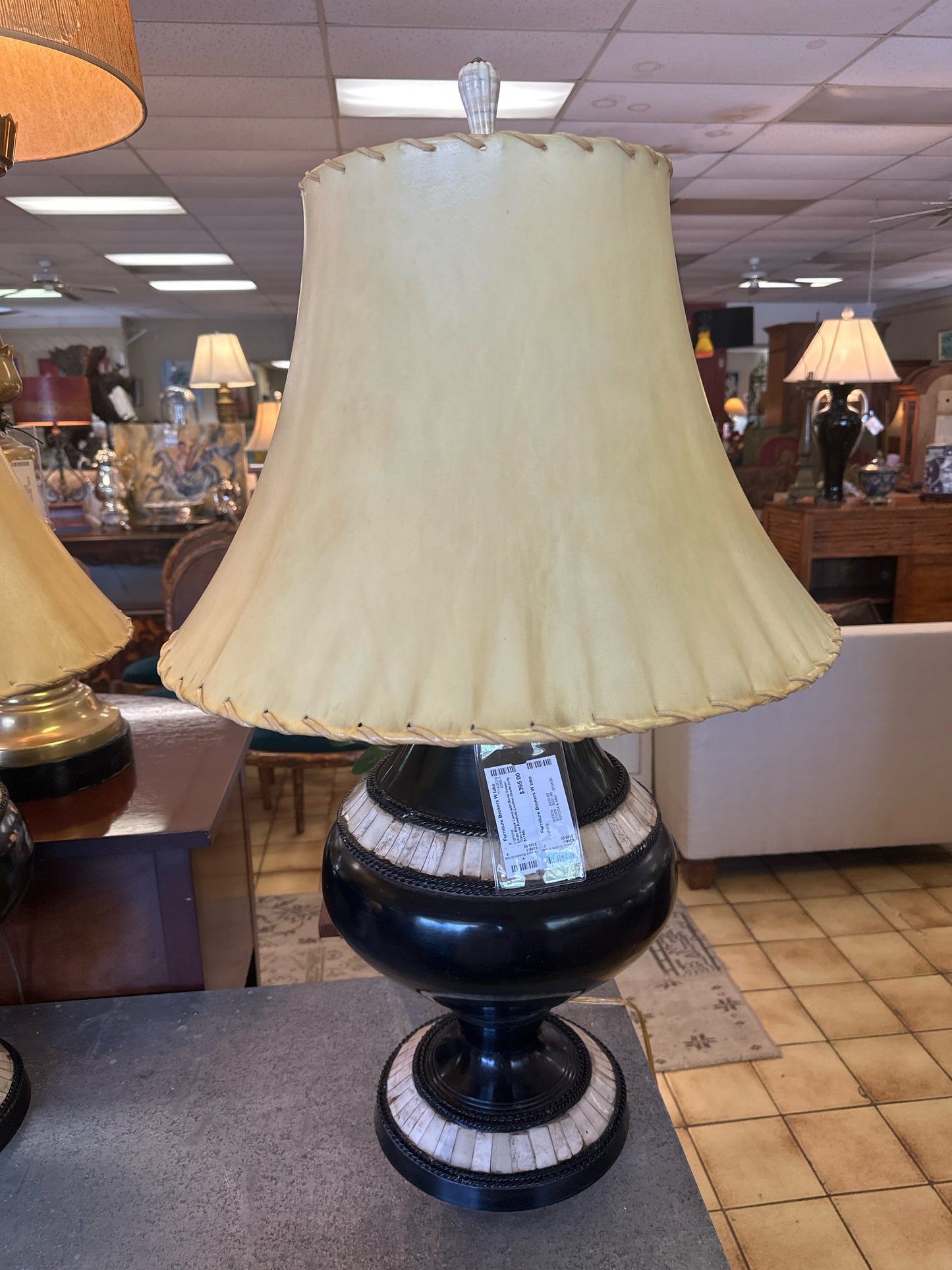 Large Black Lamp with Bone Veneer Trim and Rawhide Leather Shade (orig $1199)