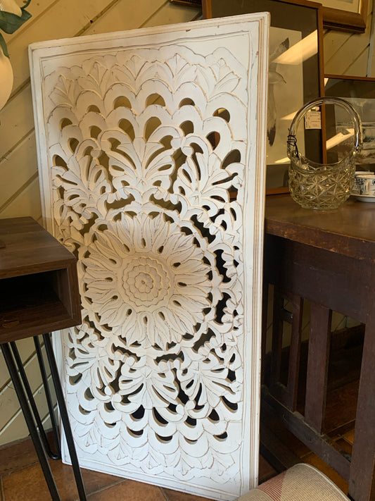 White Carved Wood w/ Floral Medallion Wall Hanging 24x48