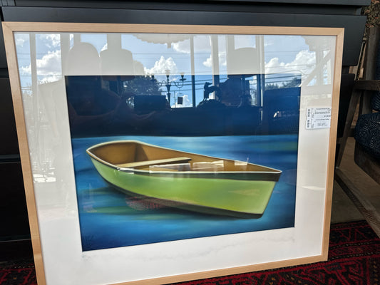 Signed Pastel by Margaret Nes"Green Boat Adrift" Blonde Frame 33.5 x 27.5"